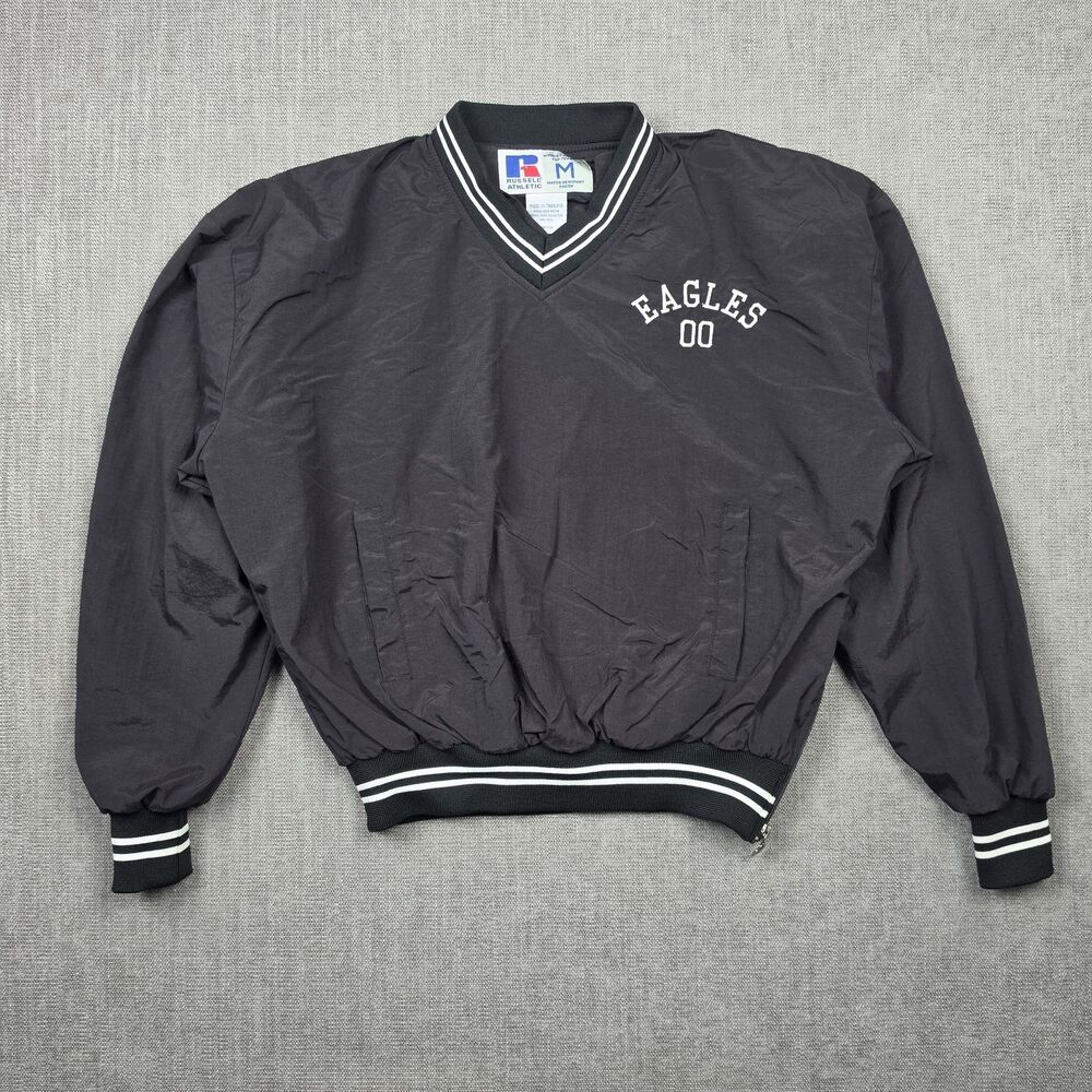 Vintage 90s Russell Athletic V Neck Windbreaker Jacket Mens Medium Black Eagles